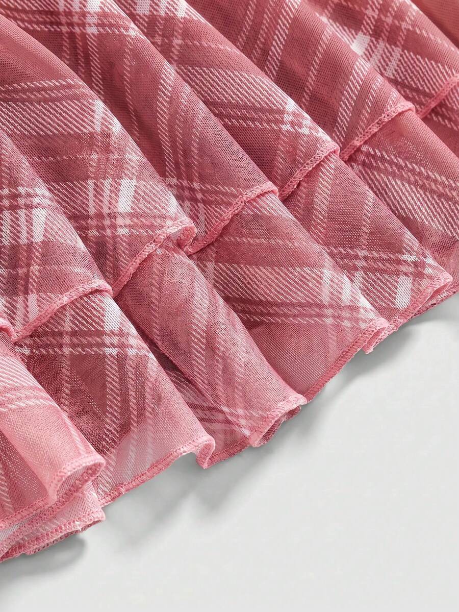 J-Fashion vintage sweet plaid printed strapless mini dress with bow detail, ruched bodice, layered ruffle hem, and matching inner mini shorts.