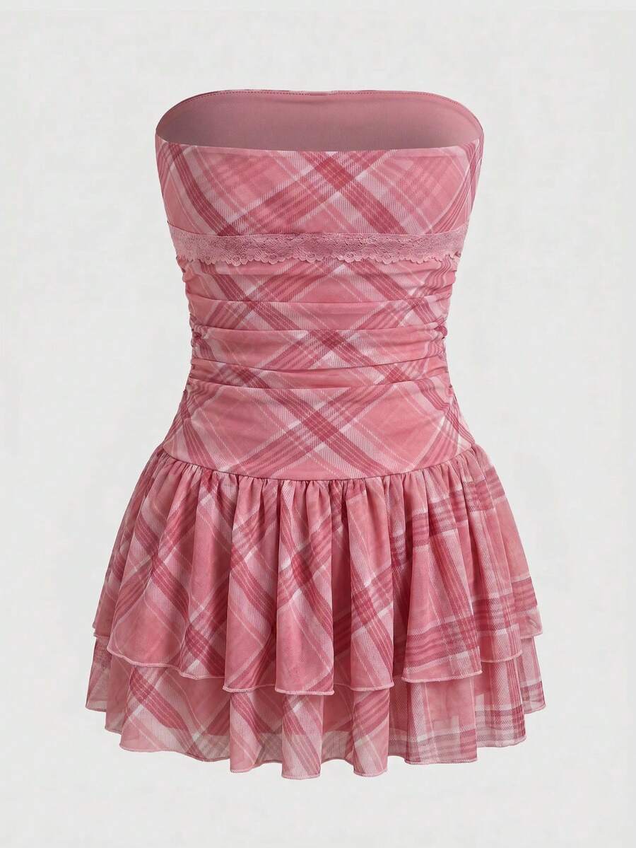 J-Fashion vintage sweet plaid printed strapless mini dress with bow detail, ruched bodice, layered ruffle hem, and matching inner mini shorts.
