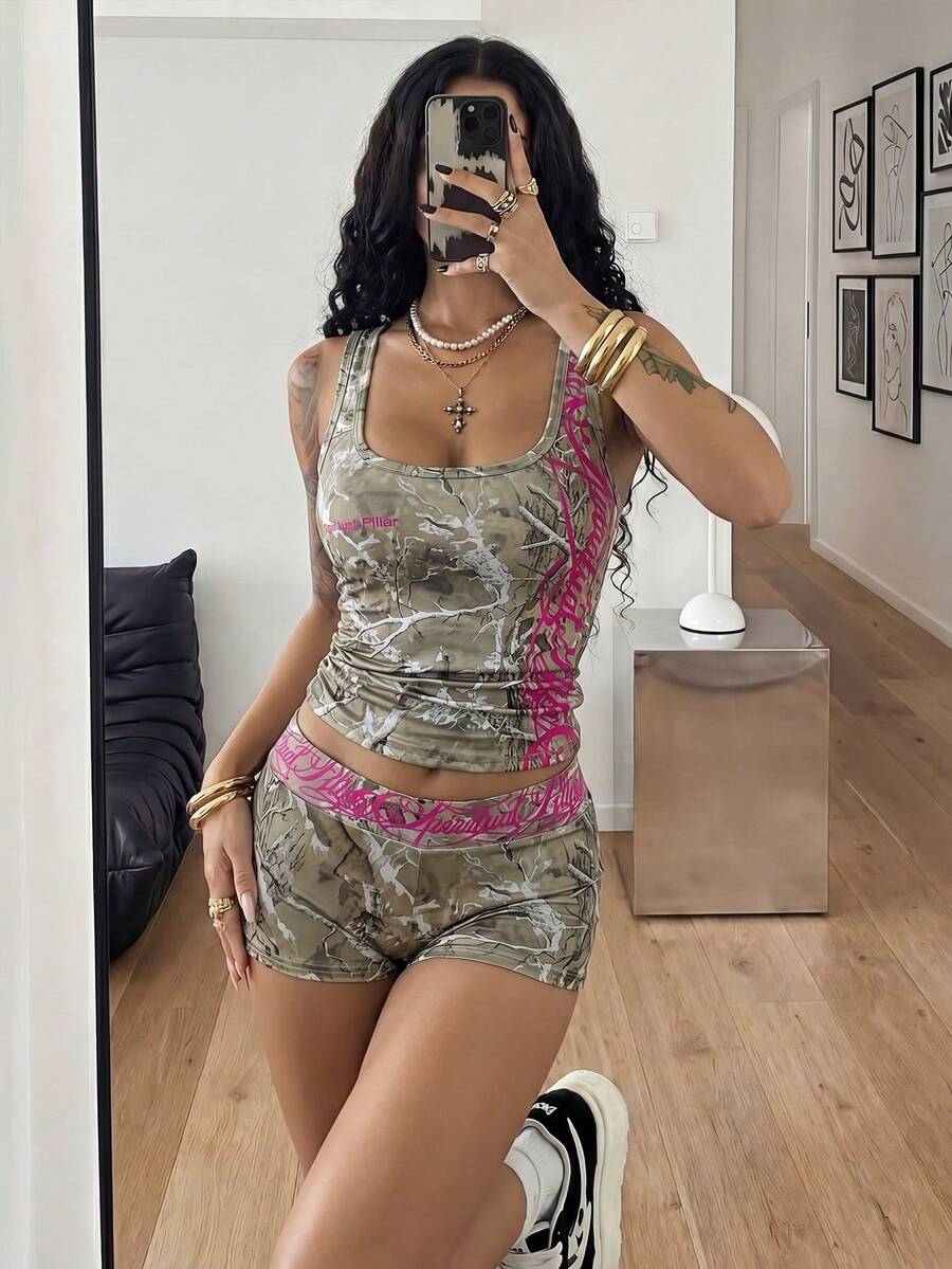 Women's Halloween print two-piece outfit with scoop neck camisole top and matching short biker track shorts in a slim fit