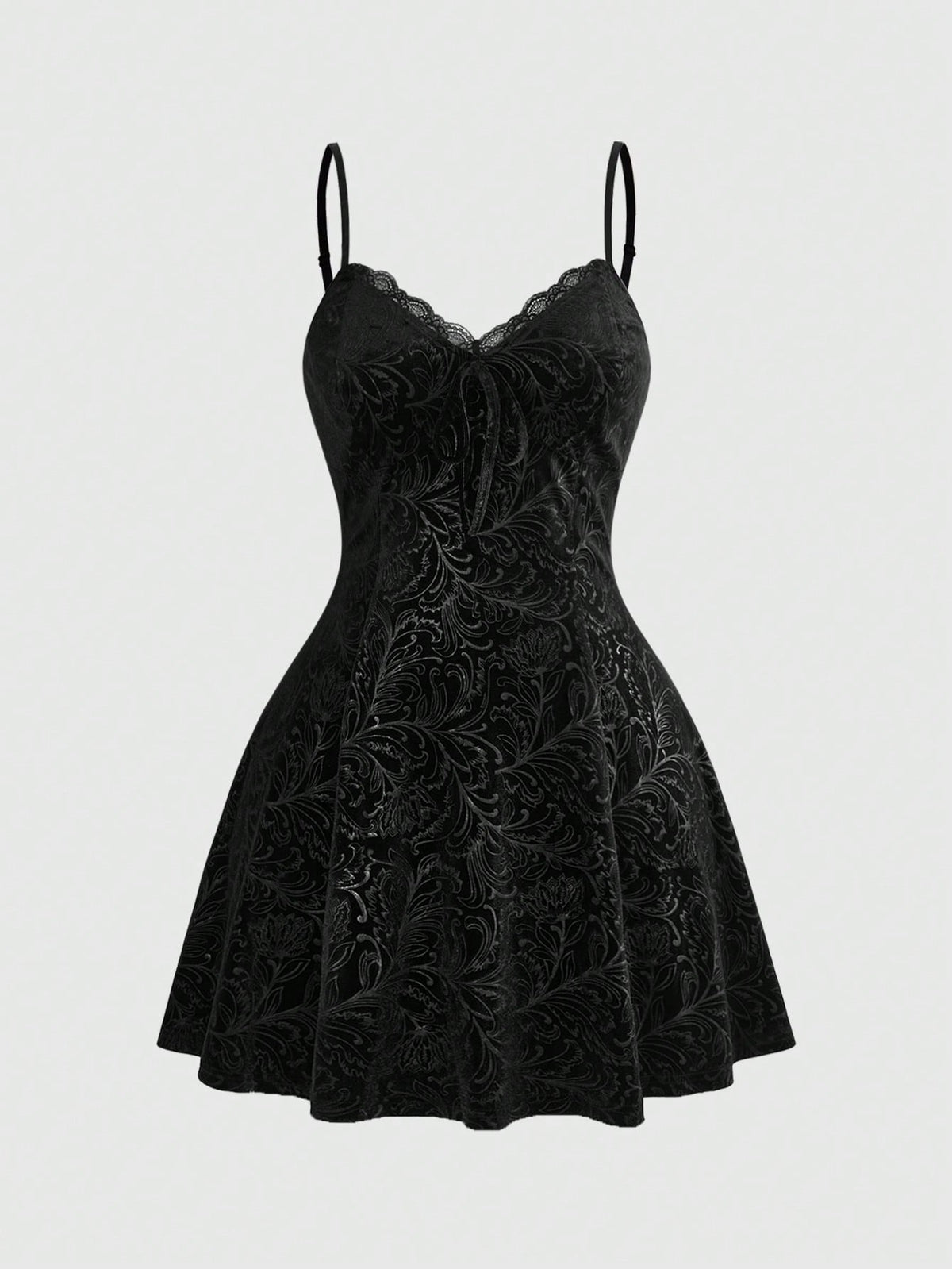 Plus size velvet slip dress featuring delicate contrast lace trim, spaghetti straps, and flared mini skirt with matching arm sleeves.