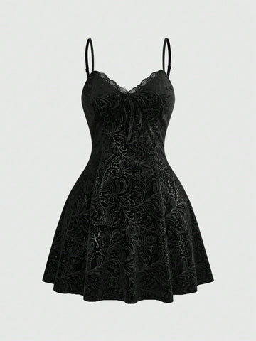 Plus size velvet slip dress featuring delicate contrast lace trim, spaghetti straps, and flared mini skirt with matching arm sleeves.