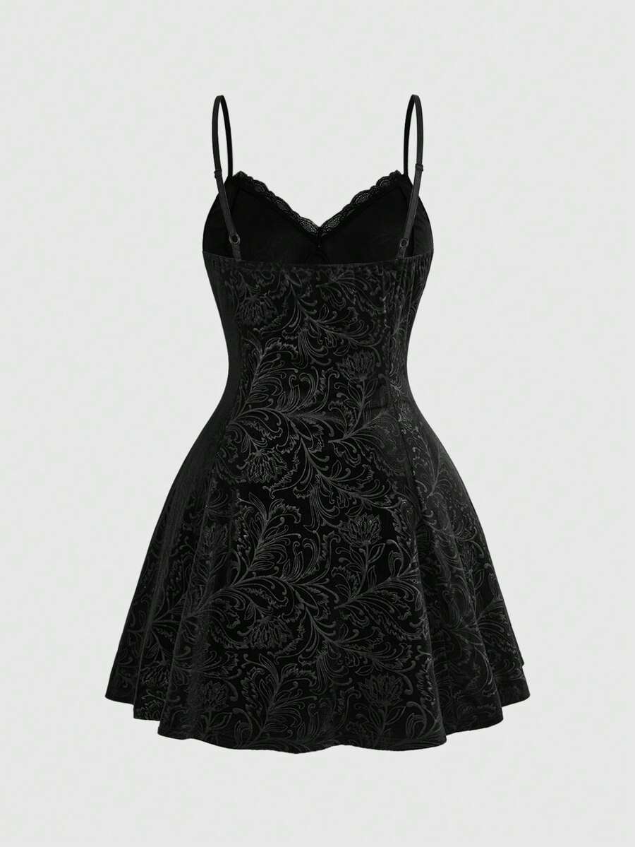 Plus size velvet slip dress featuring delicate contrast lace trim, spaghetti straps, and flared mini skirt with matching arm sleeves.