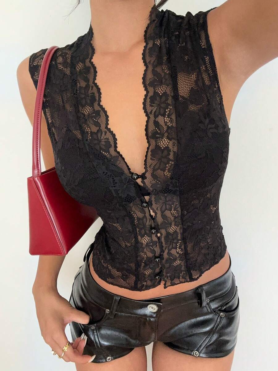 Women's lace print Y2K camisole tank top with slim fit, cardigan collar neckline, boned details, and asymmetrical hem.