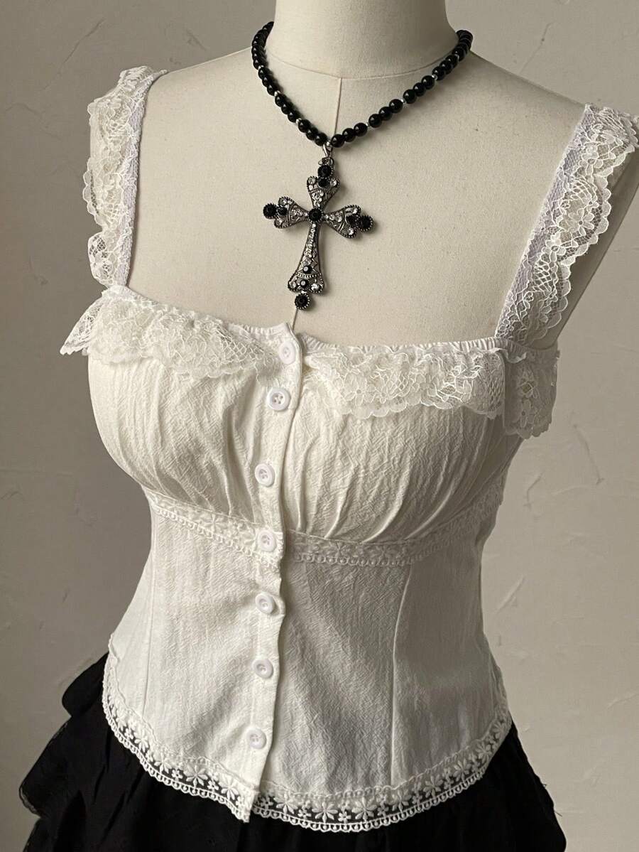 Attitoon women's Y2K style slim fit camisole top featuring contrast lace trim, spaghetti straps, plant print design, and an asymmetrical hem.