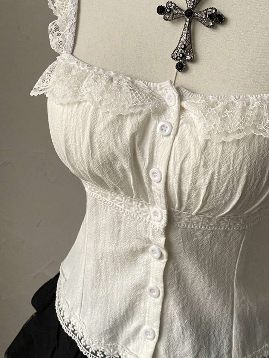 Attitoon women's Y2K style slim fit camisole top featuring contrast lace trim, spaghetti straps, plant print design, and an asymmetrical hem.