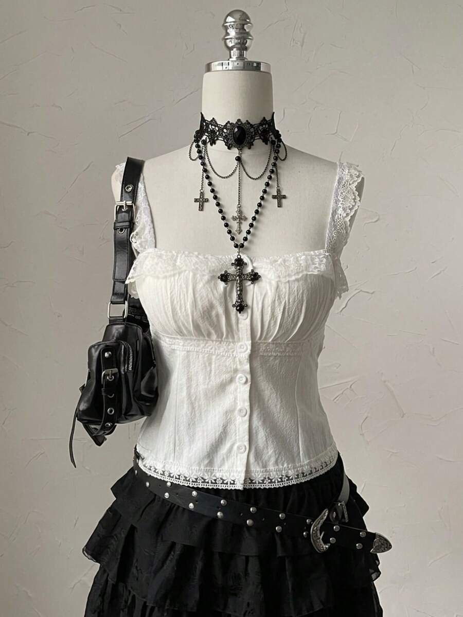 Attitoon women's Y2K style slim fit camisole top featuring contrast lace trim, spaghetti straps, plant print design, and an asymmetrical hem.