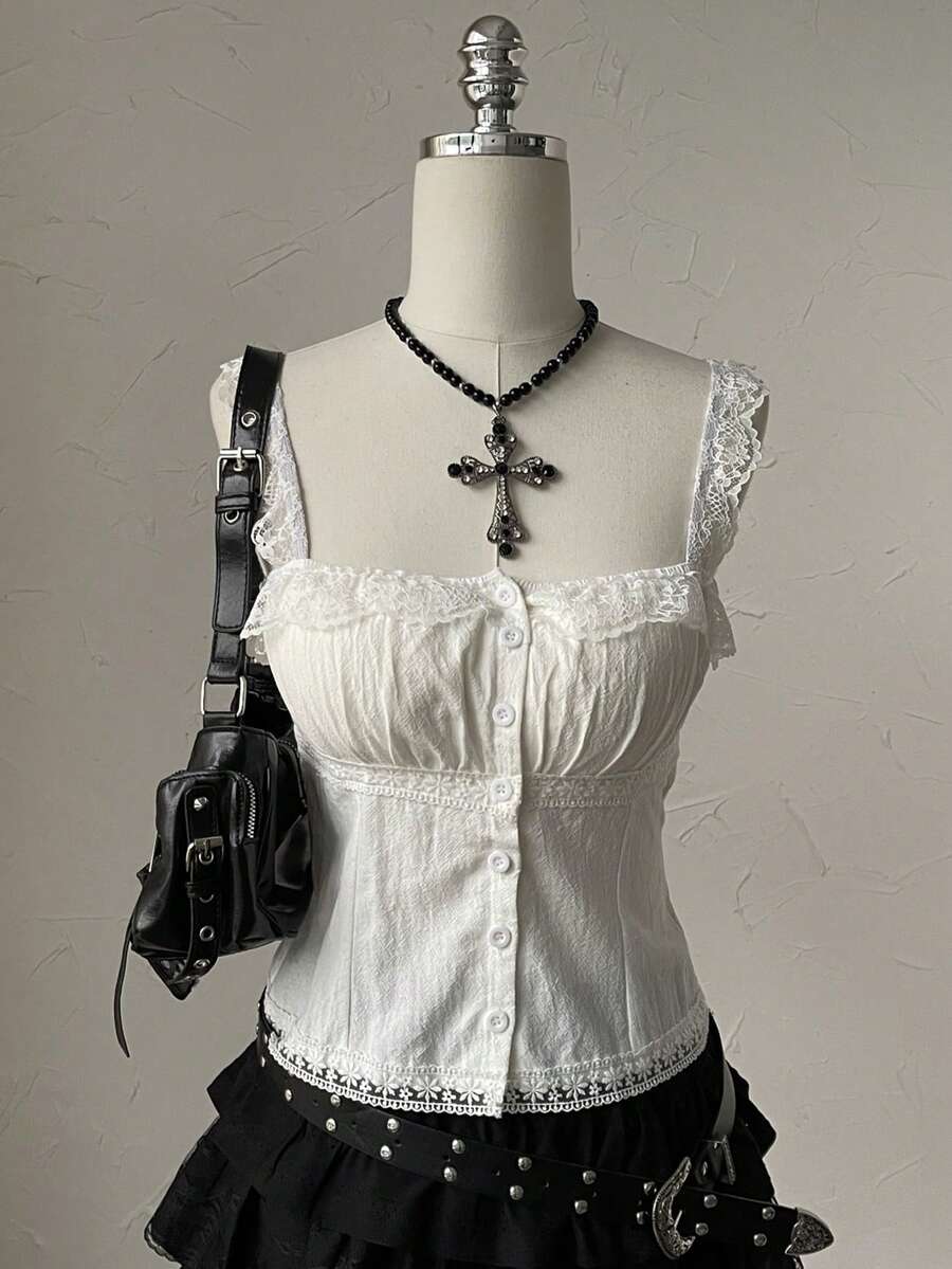 Attitoon women's Y2K style slim fit camisole top featuring contrast lace trim, spaghetti straps, plant print design, and an asymmetrical hem.