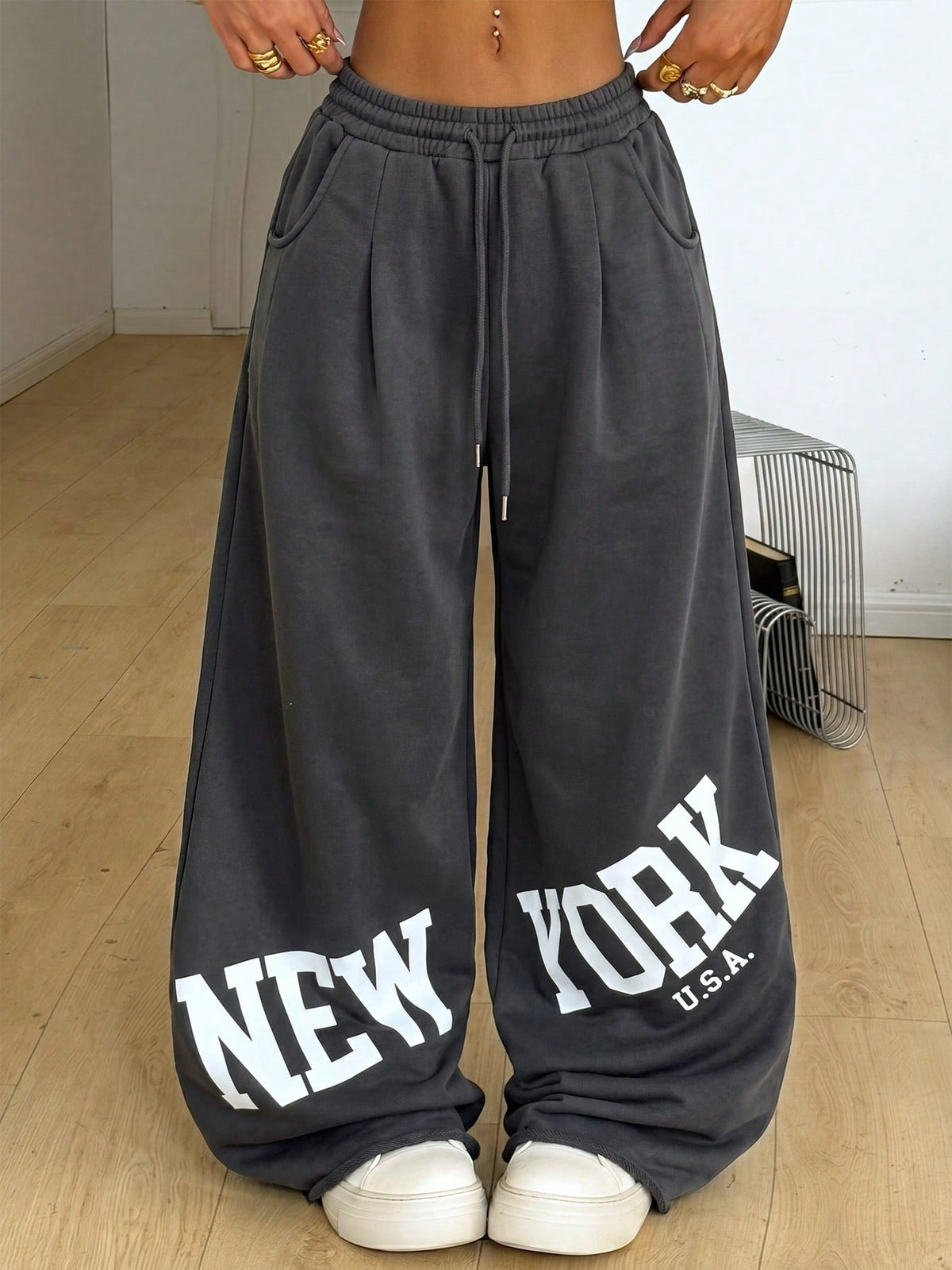 Women's loose straight leg casual pants with drawstring elastic waist and pockets