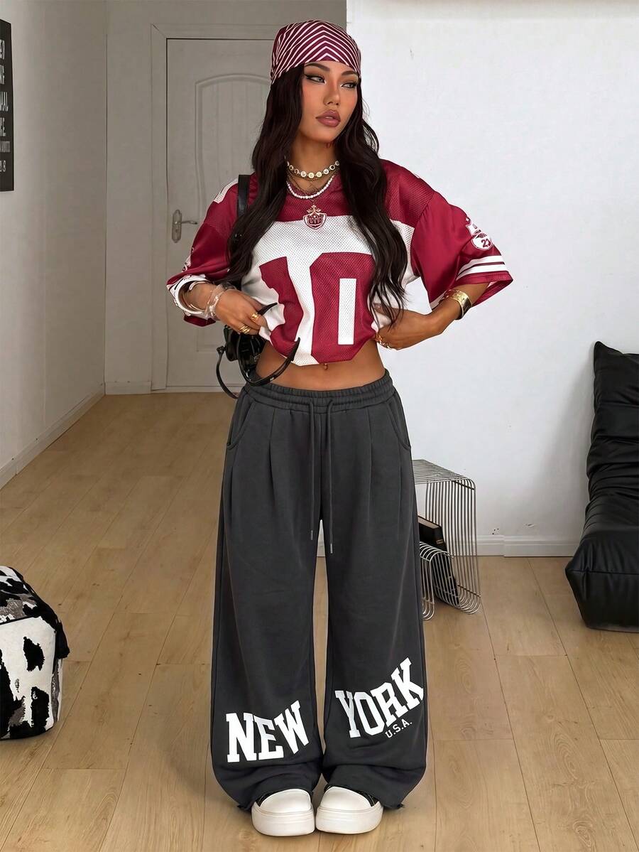 Women's loose straight leg casual pants with drawstring elastic waist and pockets