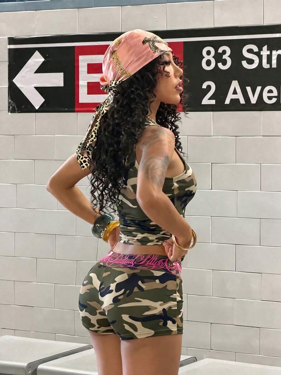 Women's Halloween print two-piece outfit with scoop neck camisole top and matching short biker track shorts in a slim fit