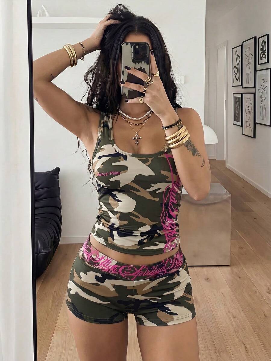 Women's Halloween print two-piece outfit with scoop neck camisole top and matching short biker track shorts in a slim fit