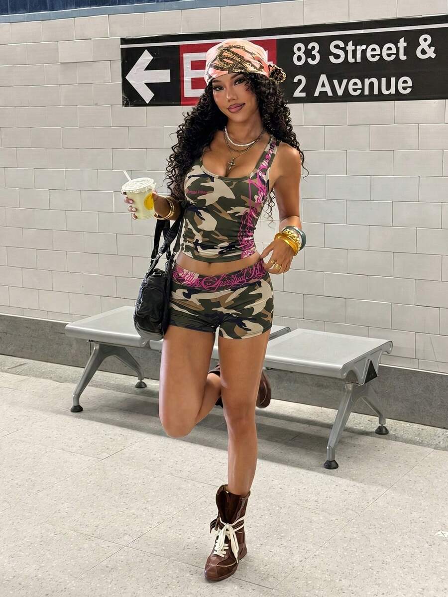 Women's Halloween print two-piece outfit with scoop neck camisole top and matching short biker track shorts in a slim fit