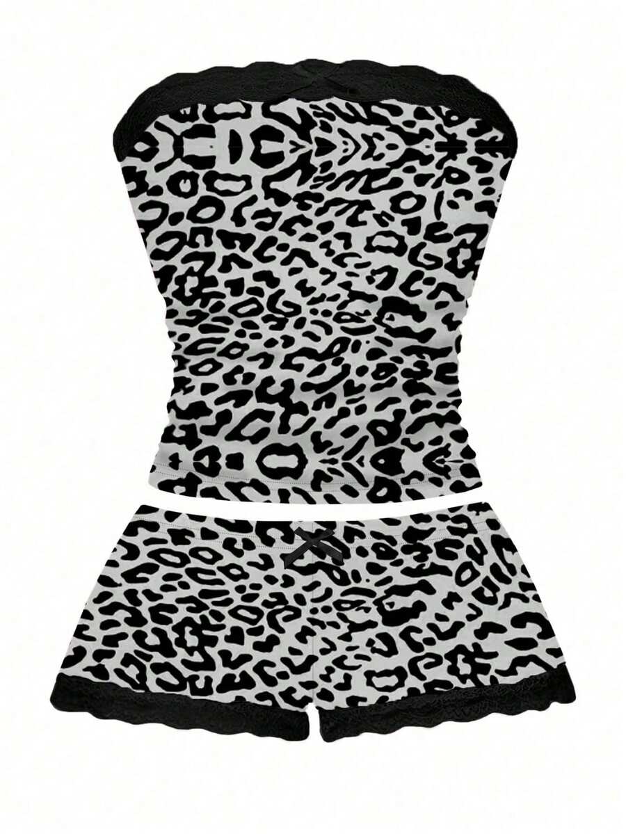 Women's contrast lace strapless camisole and shorts two-piece outfit with ruffle detail and slim fit styling
