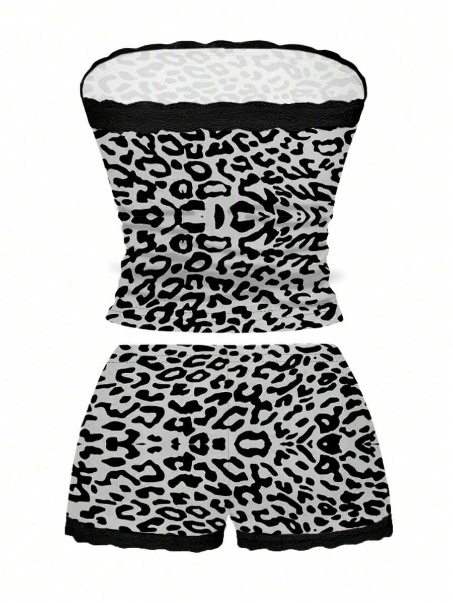 Women's contrast lace strapless camisole and shorts two-piece outfit with ruffle detail and slim fit styling