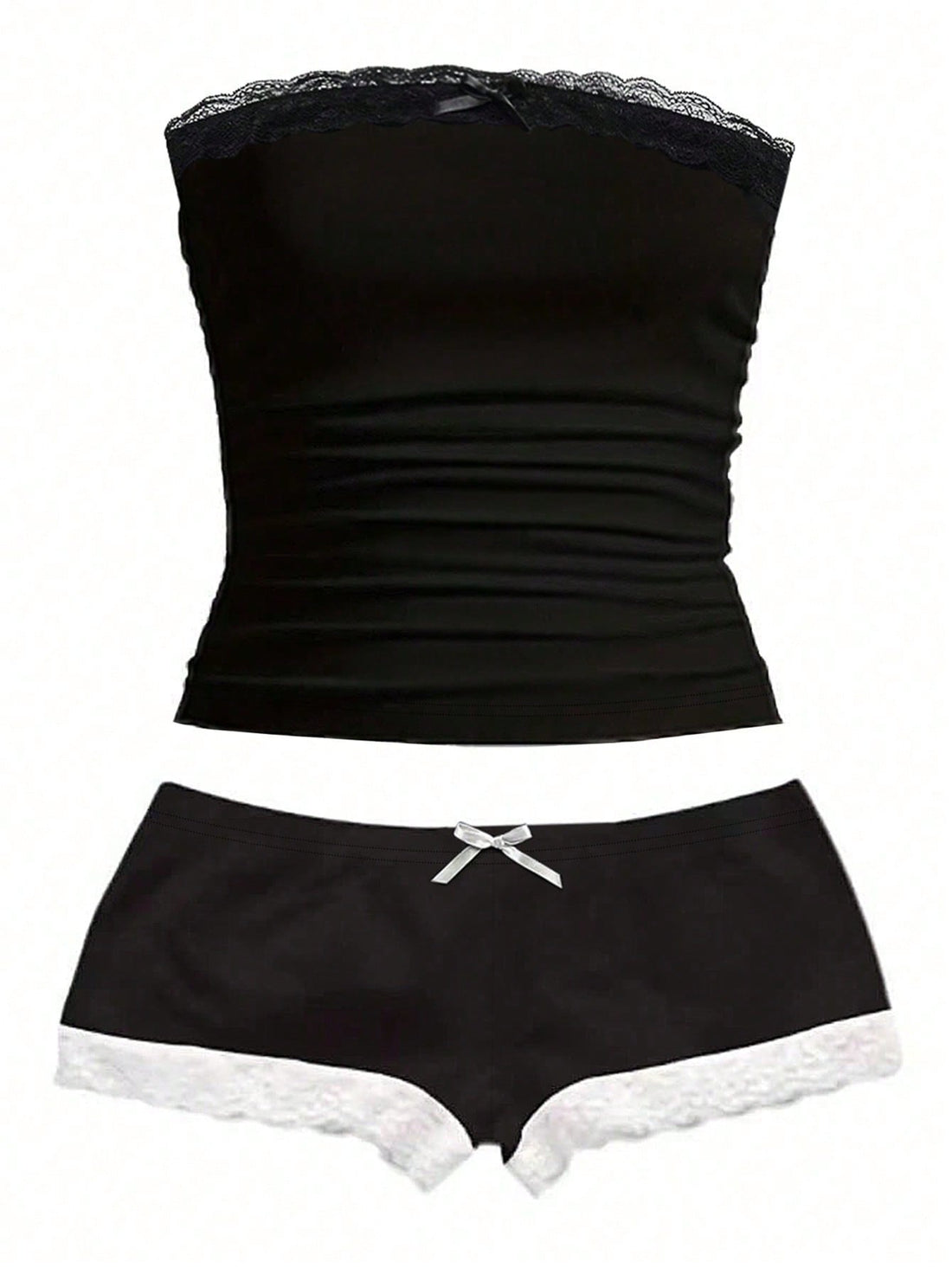 Women's contrast lace strapless camisole and shorts two-piece outfit with ruffle detail and slim fit styling