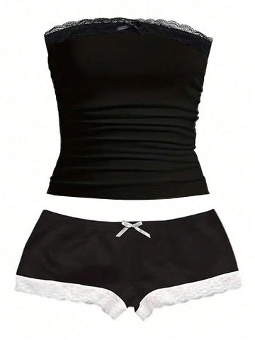 Women's contrast lace strapless camisole and shorts two-piece outfit with ruffle detail and slim fit styling
