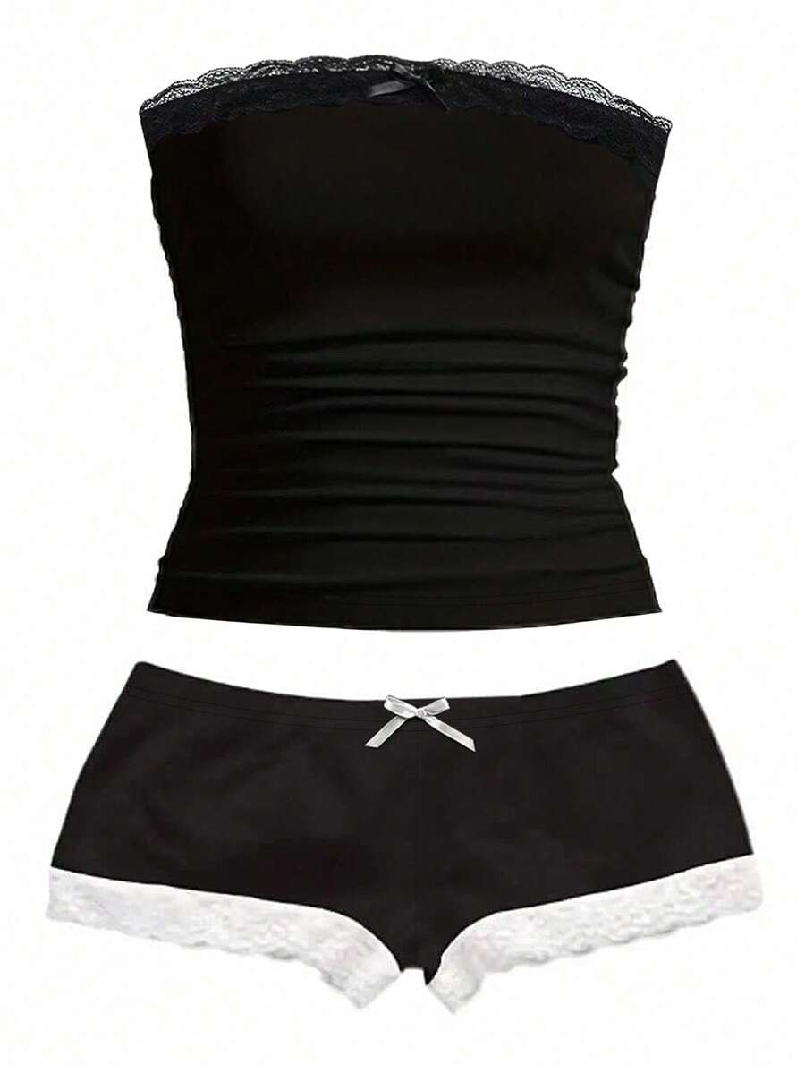Women's contrast lace strapless camisole and shorts two-piece outfit with ruffle detail and slim fit styling