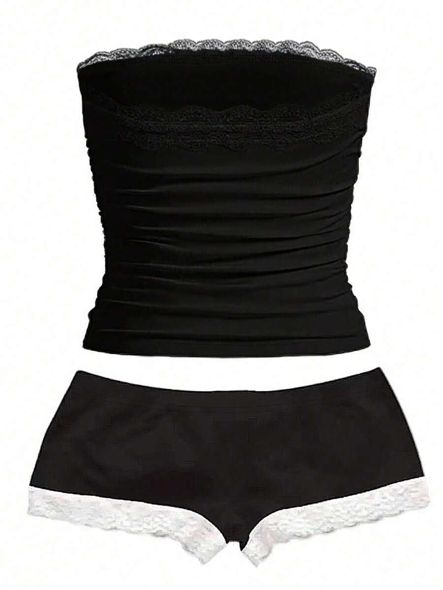 Women's contrast lace strapless camisole and shorts two-piece outfit with ruffle detail and slim fit styling