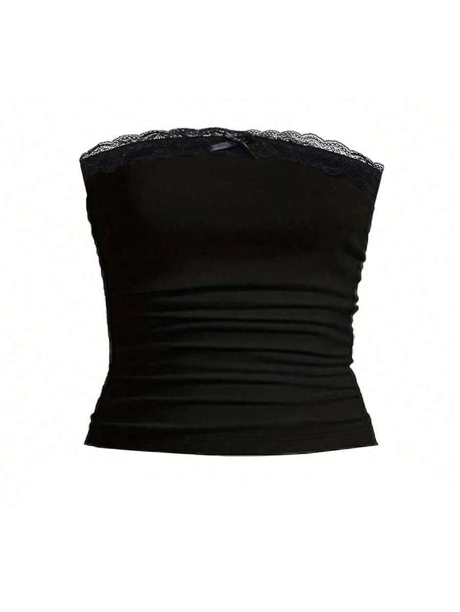 Women's contrast lace strapless camisole and shorts two-piece outfit with ruffle detail and slim fit styling