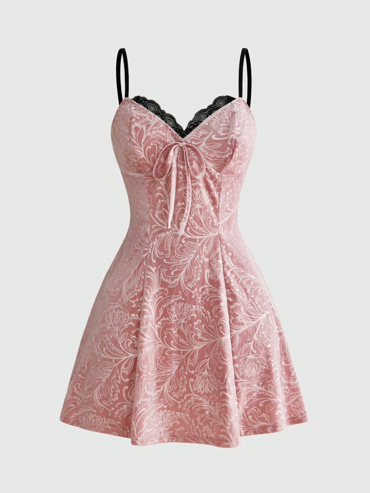 Plus size velvet slip dress featuring delicate contrast lace trim, spaghetti straps, and flared mini skirt with matching arm sleeves.