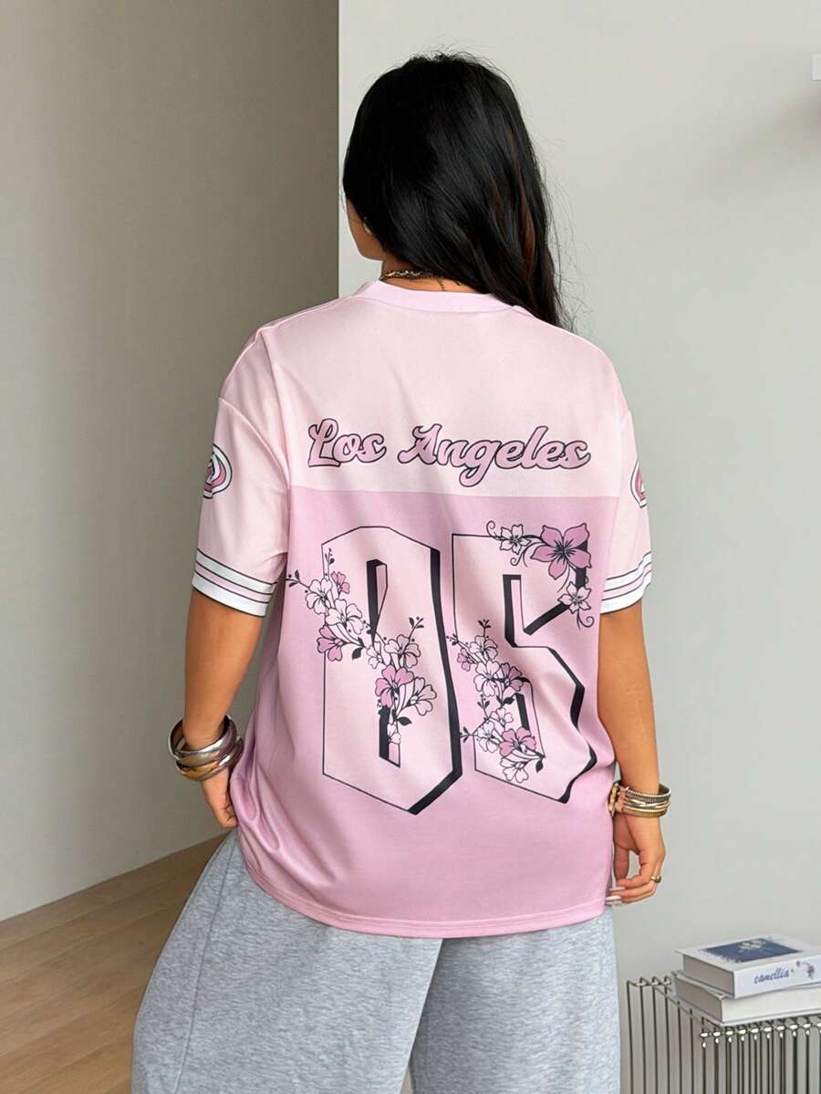 Navy blue plus size mesh baseball jersey t-shirt featuring a V-neck, raglan half sleeves, and sporty letter detailing.