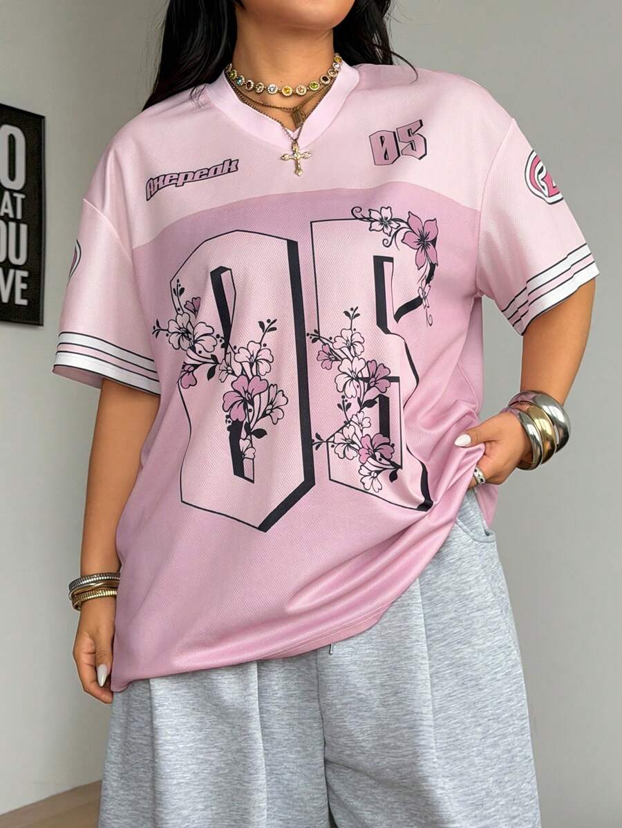 Navy blue plus size mesh baseball jersey t-shirt featuring a V-neck, raglan half sleeves, and sporty letter detailing.