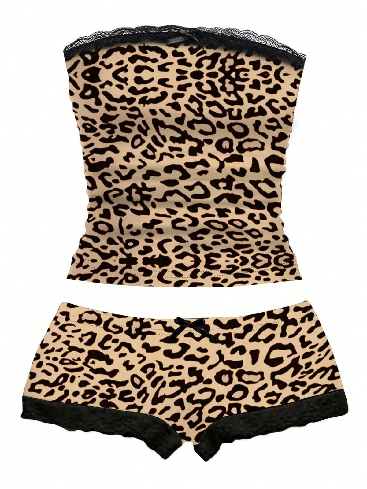 Women's contrast lace strapless camisole and shorts two-piece outfit with ruffle detail and slim fit styling