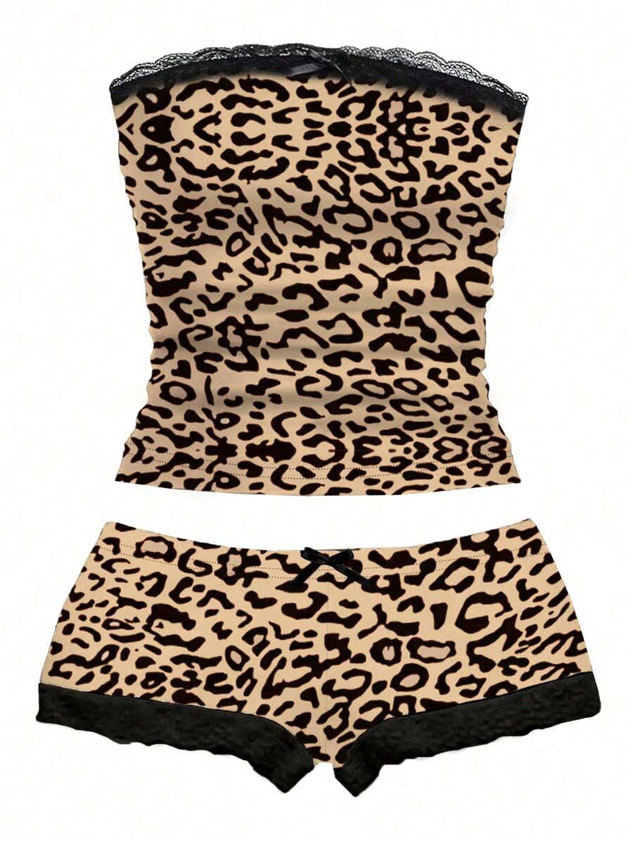 Women's contrast lace strapless camisole and shorts two-piece outfit with ruffle detail and slim fit styling