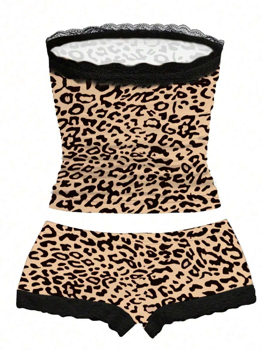 Women's contrast lace strapless camisole and shorts two-piece outfit with ruffle detail and slim fit styling