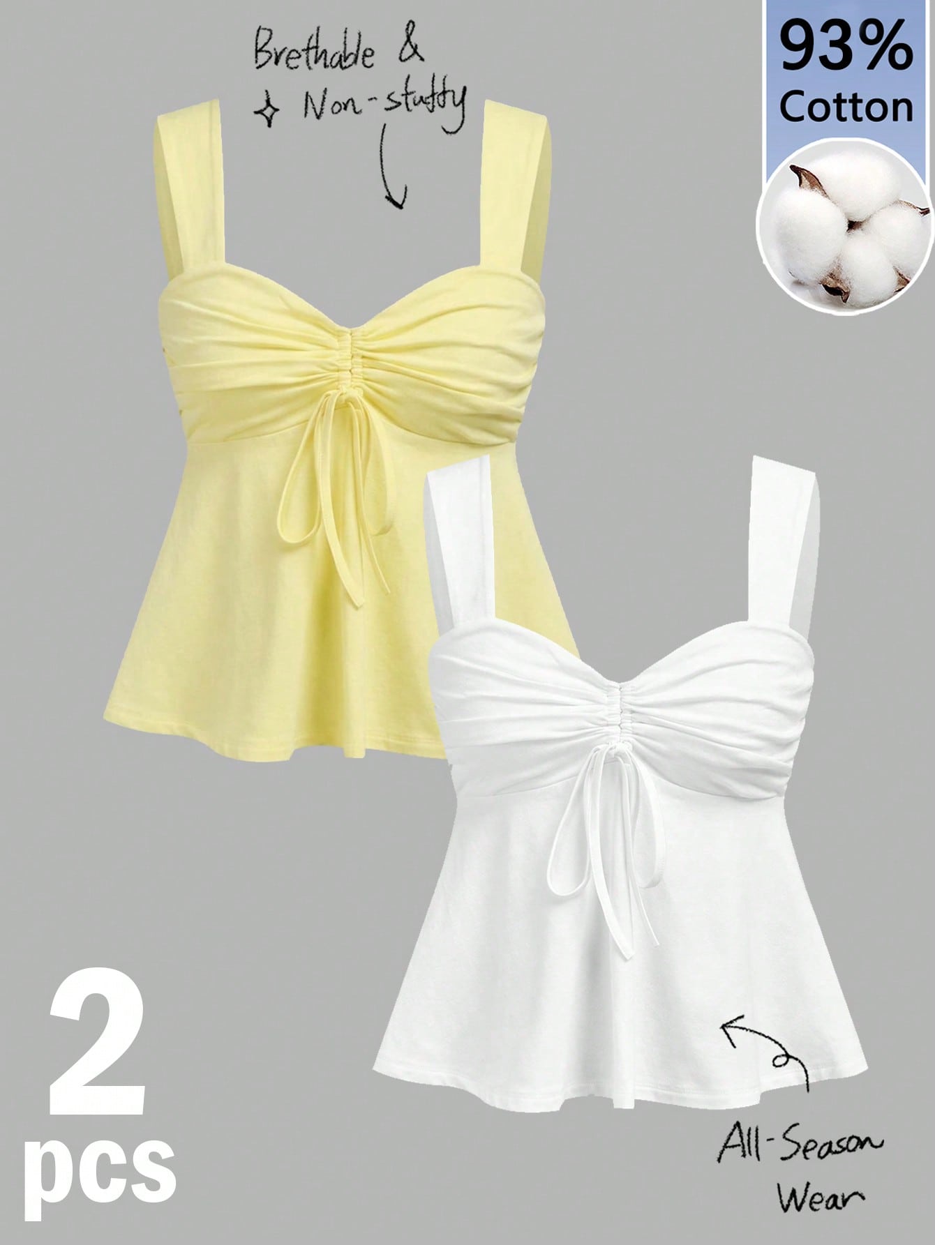 Women's white wide strap tank top with drawstring front, eyelet embroidery, ruffle hem, slim fit, and flared hem.