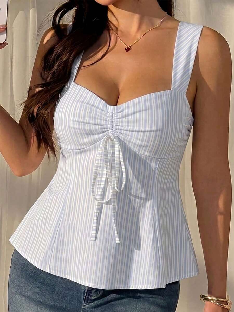 Women's striped camisole tank top with strap neckline, backless knot detail, cold shoulder styling, slim fit, and flared hem for casual vacation or daily wear.