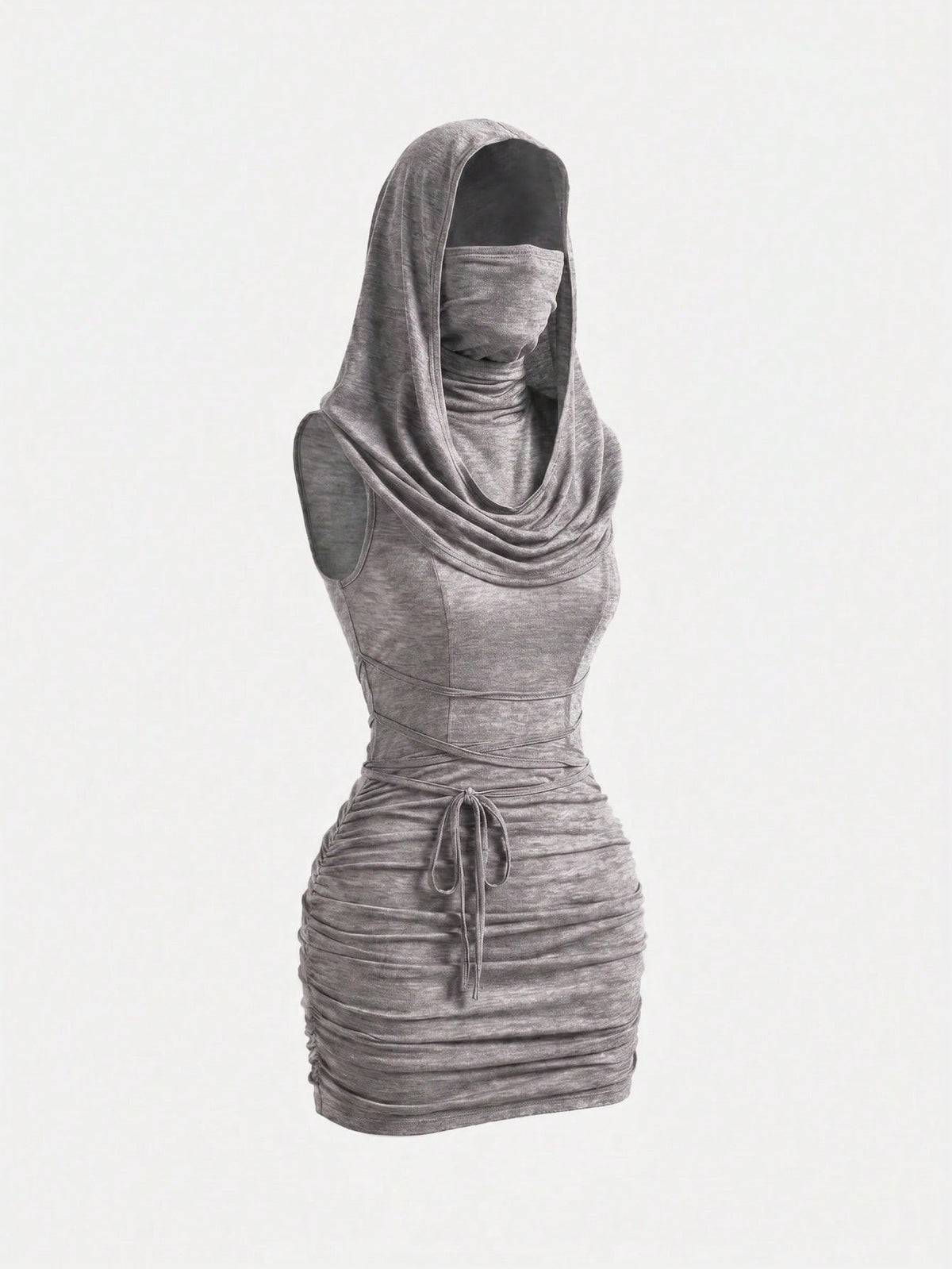 Front view of a sleeveless hooded cowl neck bodycon mini dress with draped collar detailing in knitted fabric.