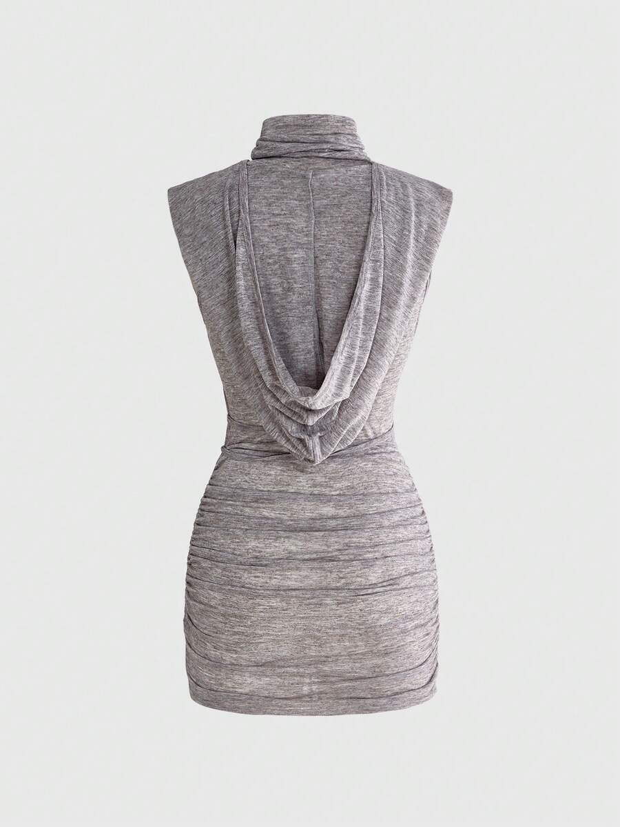 Front view of a sleeveless hooded cowl neck bodycon mini dress with draped collar detailing in knitted fabric.