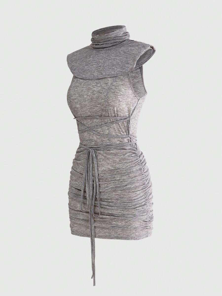 Front view of a sleeveless hooded cowl neck bodycon mini dress with draped collar detailing in knitted fabric.