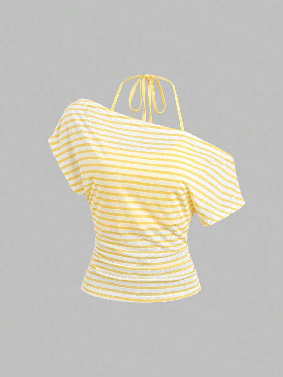 Women's striped tank top featuring an asymmetrical cold shoulder neckline and semi-sheer back.