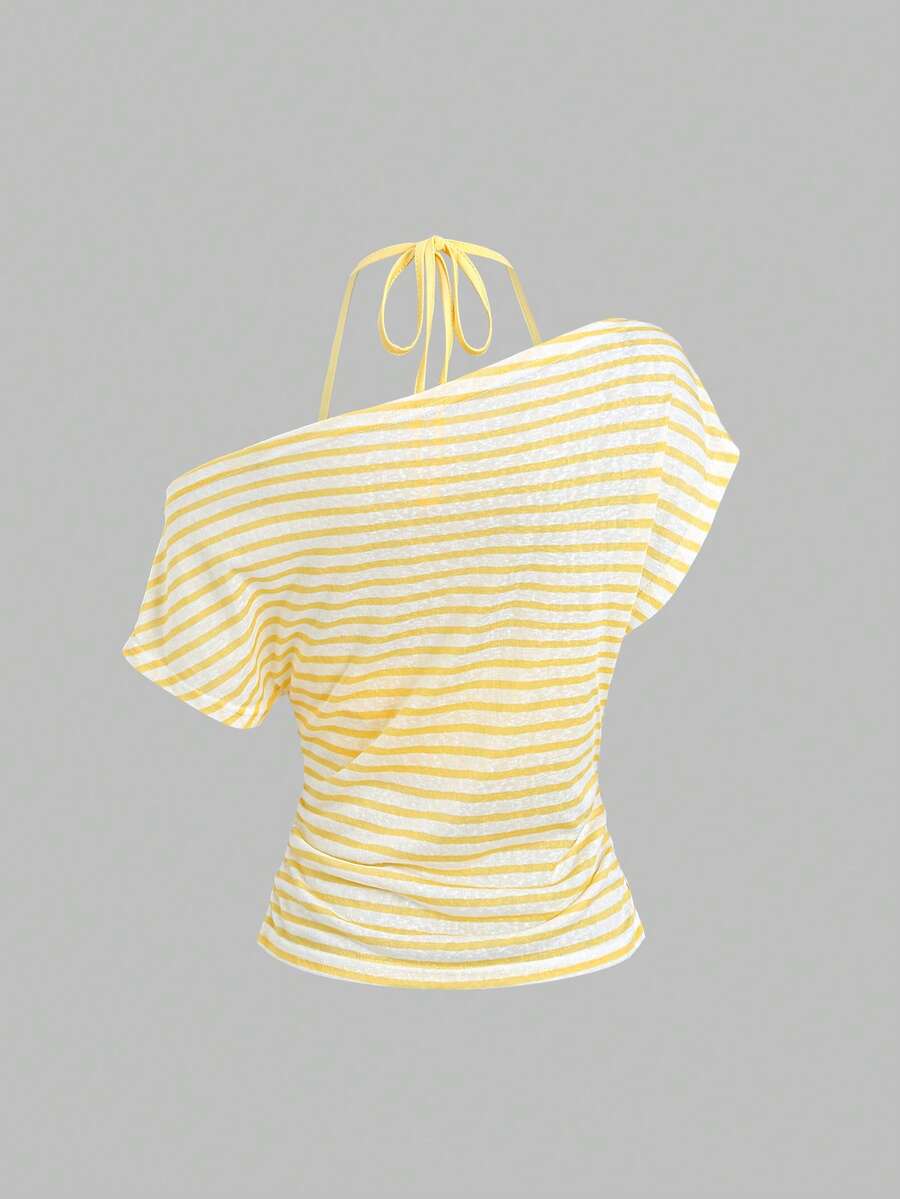 Women's striped tank top featuring an asymmetrical cold shoulder neckline and semi-sheer back.