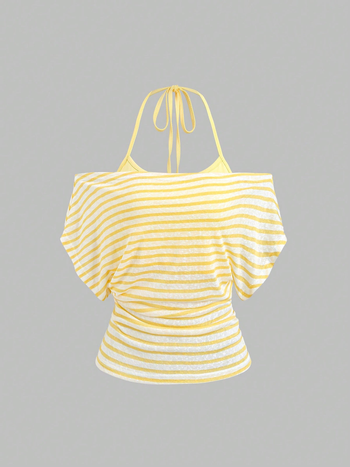 Women's striped tank top featuring an asymmetrical cold shoulder neckline and semi-sheer back.