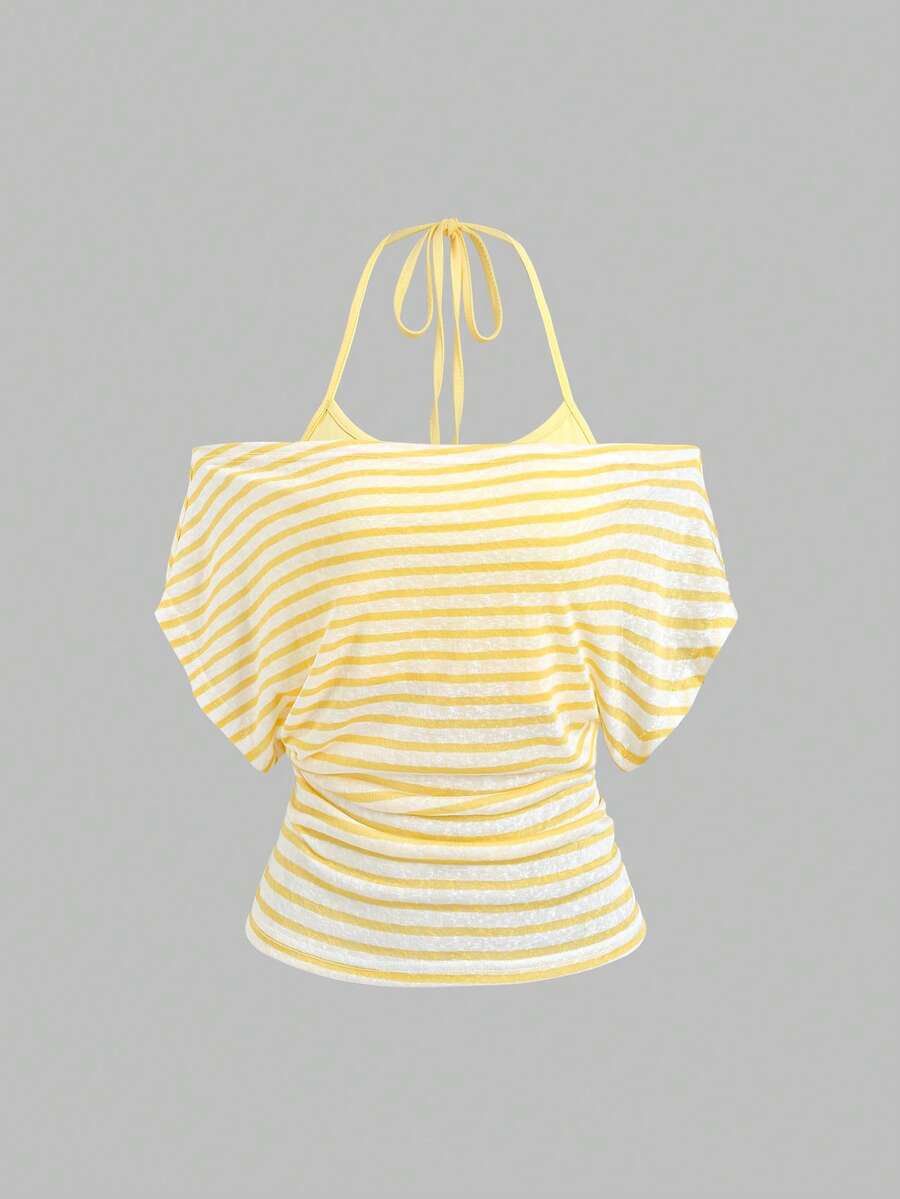 Women's striped tank top featuring an asymmetrical cold shoulder neckline and semi-sheer back.