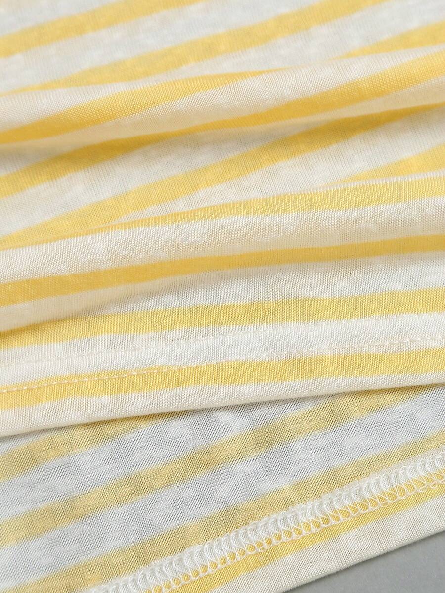 Women's striped tank top featuring an asymmetrical cold shoulder neckline and semi-sheer back.