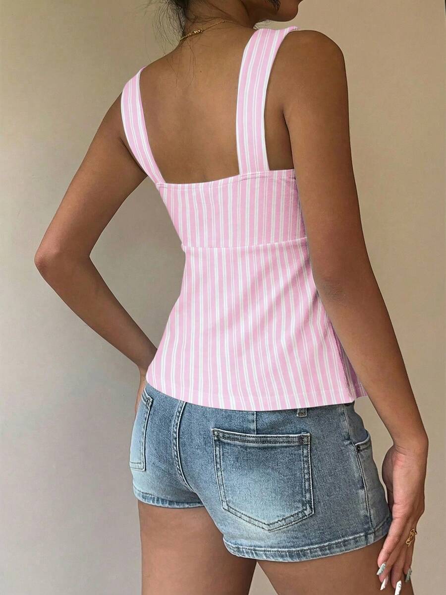 Women's striped camisole tank top with strap neckline, backless knot detail, cold shoulder styling, slim fit, and flared hem for casual vacation or daily wear.