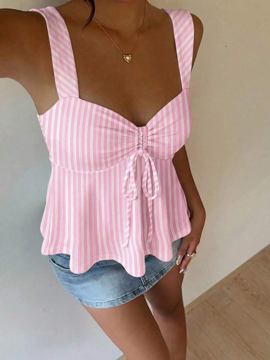 Women's striped camisole tank top with strap neckline, backless knot detail, cold shoulder styling, slim fit, and flared hem for casual vacation or daily wear.