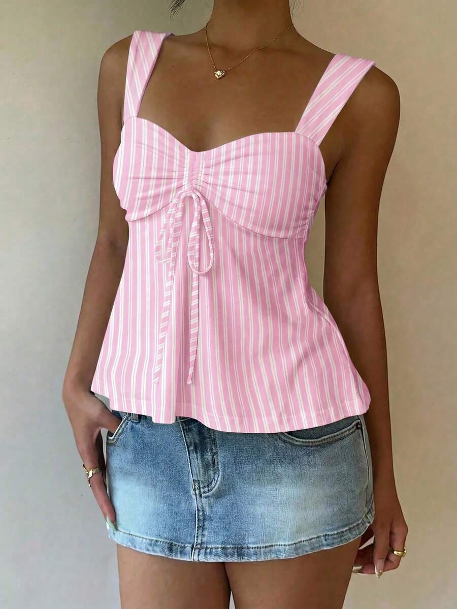 Women's striped camisole tank top with strap neckline, backless knot detail, cold shoulder styling, slim fit, and flared hem for casual vacation or daily wear.