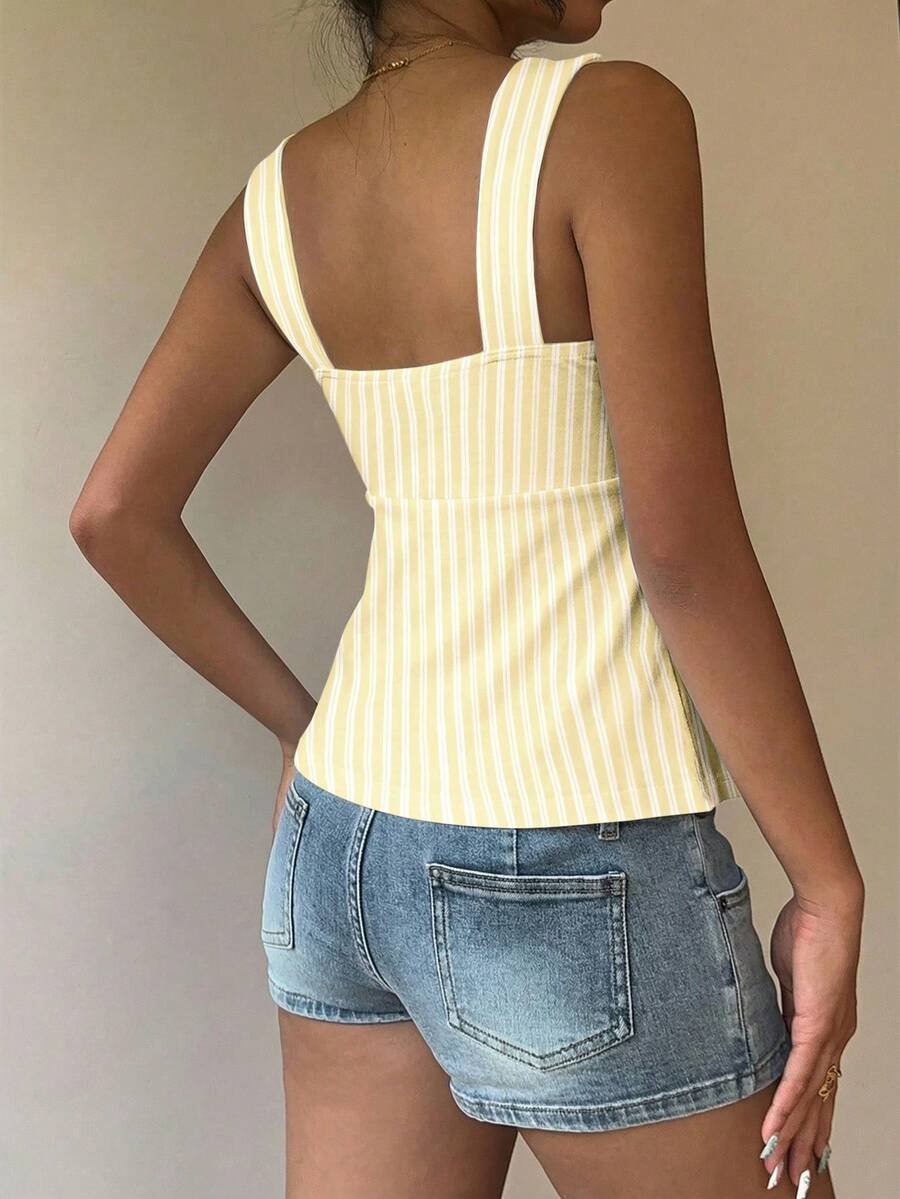 Women's striped camisole tank top with strap neckline, backless knot detail, cold shoulder styling, slim fit, and flared hem for casual vacation or daily wear.