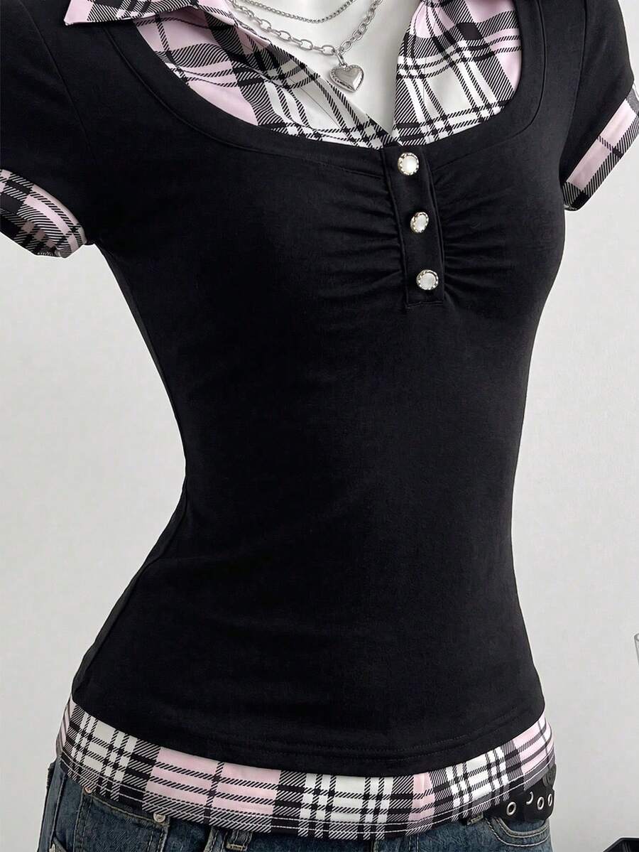 Women's black short sleeve slim fit 2-in-1 t-shirt with a plaid patchwork shirt collar detail.