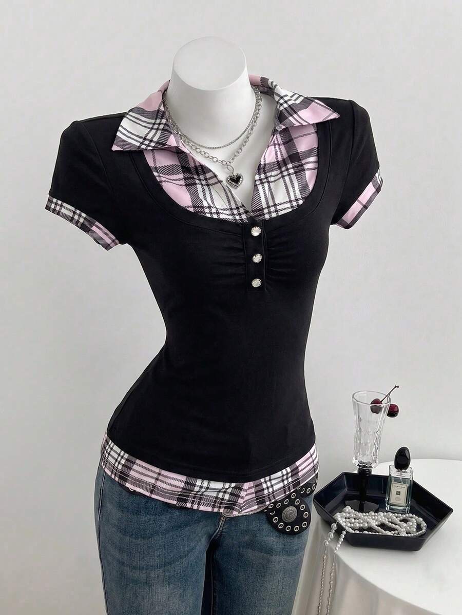 Women's black short sleeve slim fit 2-in-1 t-shirt with a plaid patchwork shirt collar detail.