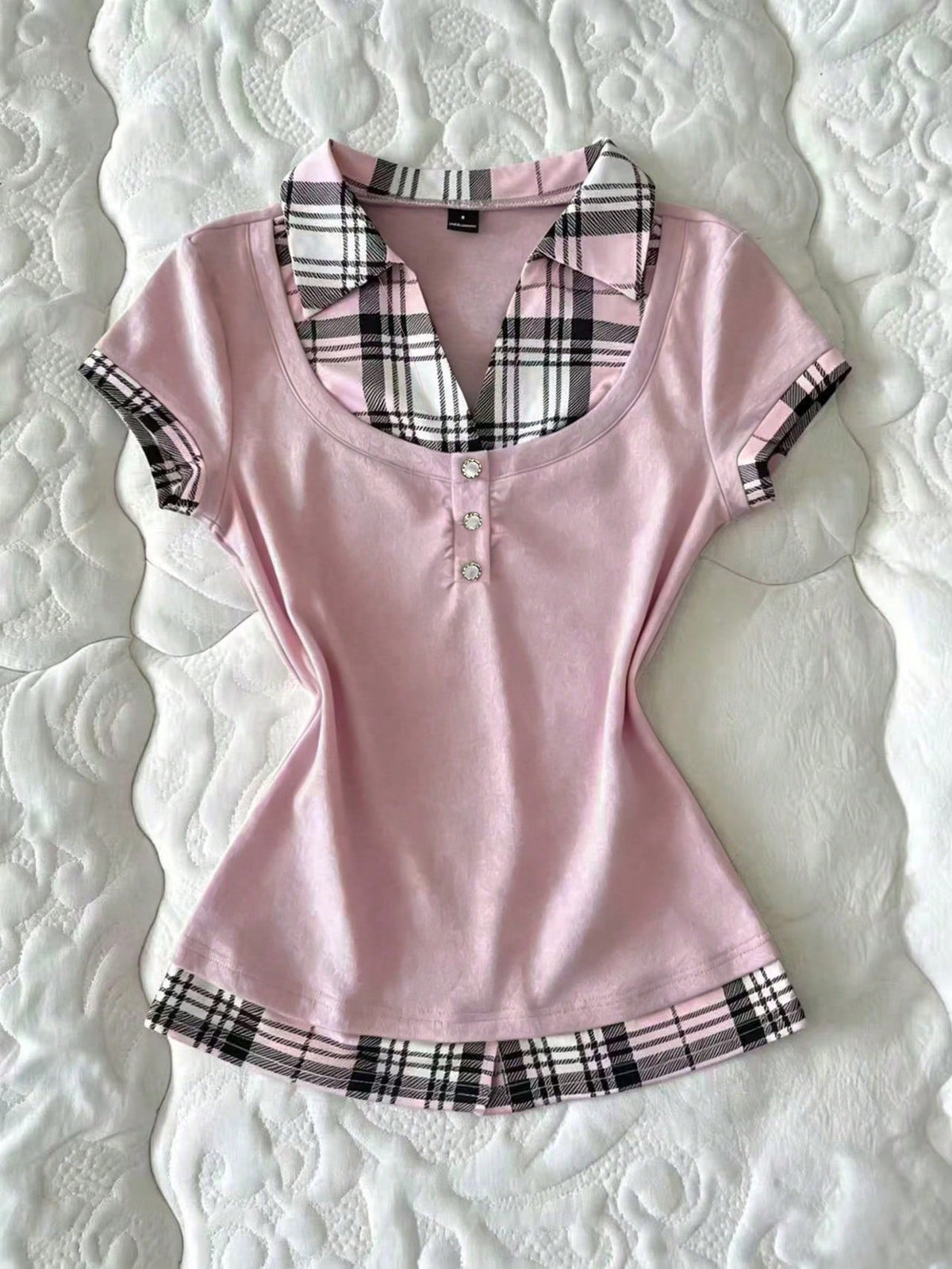 Women's black short sleeve slim fit 2-in-1 t-shirt with a plaid patchwork shirt collar detail.