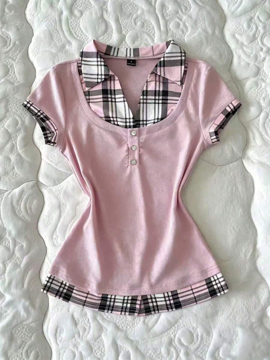 Women's black short sleeve slim fit 2-in-1 t-shirt with a plaid patchwork shirt collar detail.