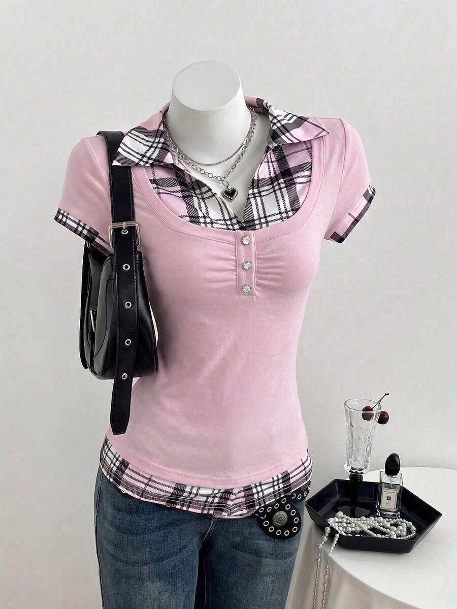 Women's black short sleeve slim fit 2-in-1 t-shirt with a plaid patchwork shirt collar detail.