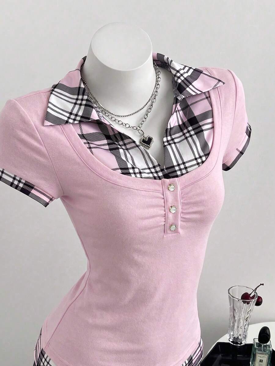Women's black short sleeve slim fit 2-in-1 t-shirt with a plaid patchwork shirt collar detail.