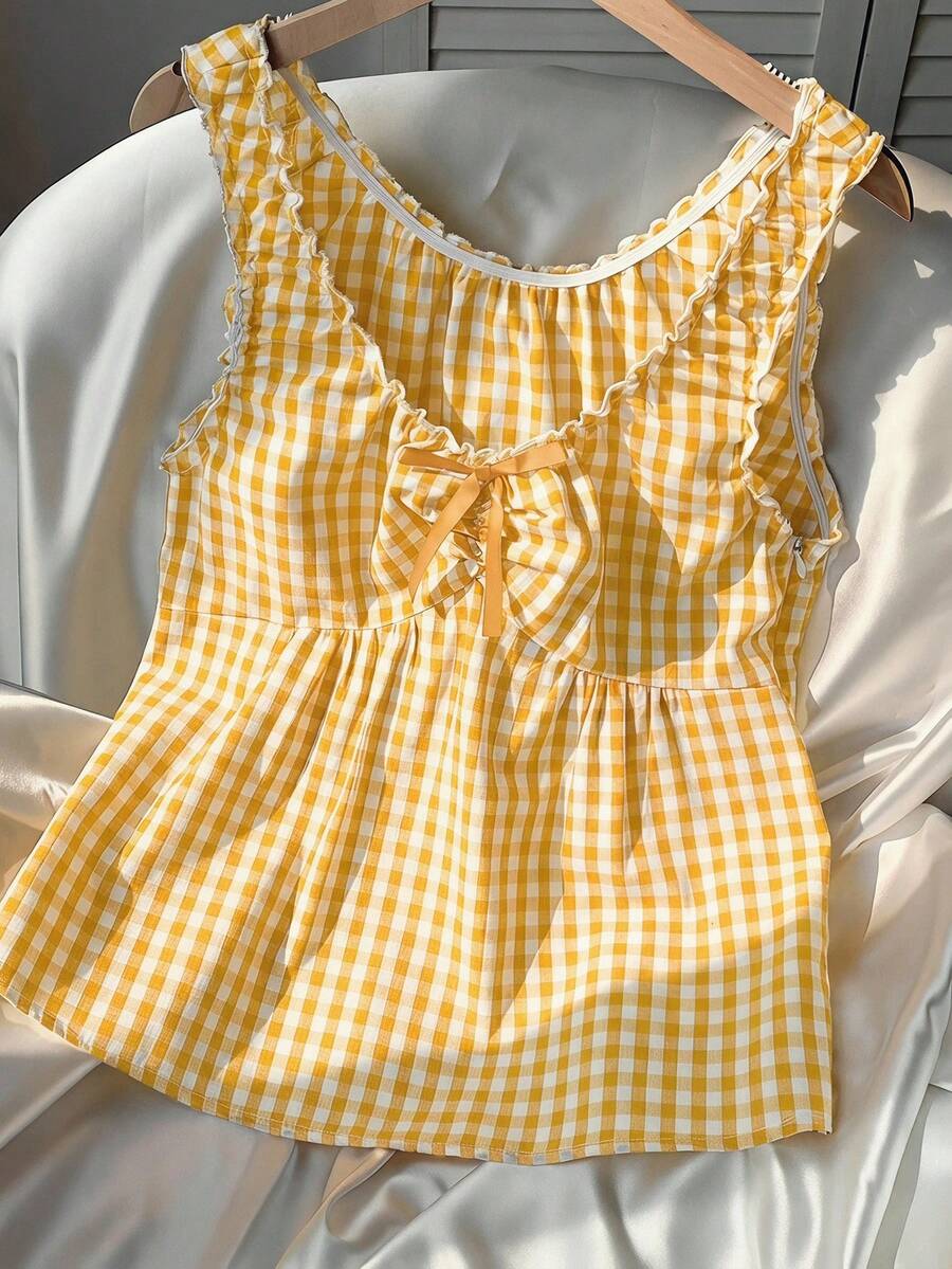 Women's red gingham smocked tank top with scoop neck, ruffle hem, and bow knot detail